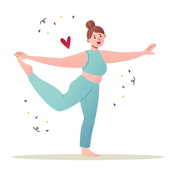 Happy plus size girl doing gymnastics.Girl loves sports.Pastel colors. vector