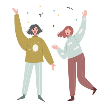 Happy girls jumping for happiness,friends forever.Fun and celebration.Pastel colors. vector