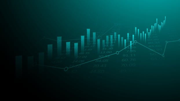 Business candle stick graph chart of stock market investment trading on blue background. Bullish point, up trend of graph. Economy vector design