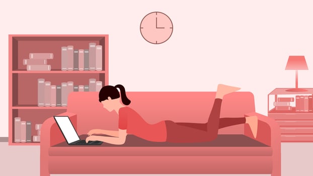 woman working on laptop on the bed, work from home and flexible work hour character vector illustration.