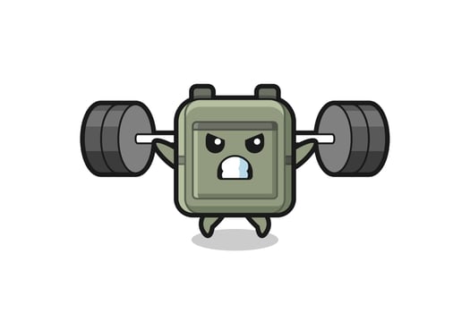 school bag mascot cartoon with a barbell vector