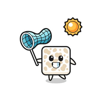tempeh mascot illustration is catching butterfly vector