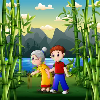 Cartoon boy helping his grandmother walk in the park vector