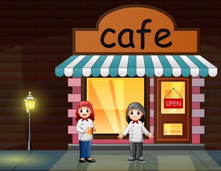 Happy the woman chefs in front the cafe vector
