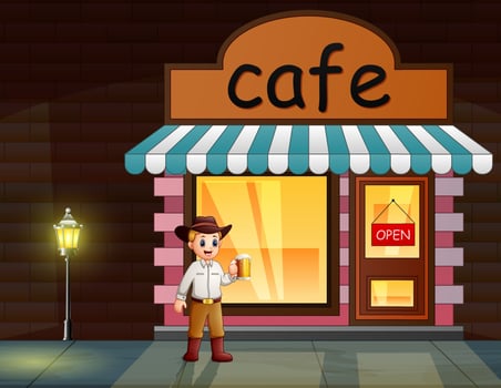 A man holding glass of drink in front the cafe vector