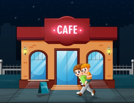 A brother holding his younger brother in front of the cafe vector