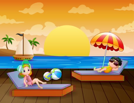 Sea landscape with boy and girl relax on sun lounger vector