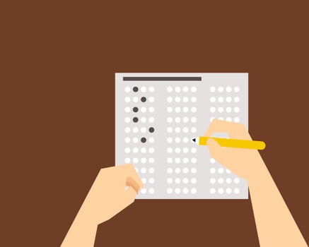 Top view Exam or education test concept. There are answer sheet and pencil in right hand on the desk. vector