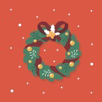 Christmas wreath on the door. Christmas decor. Spruce wreath. Vector image.