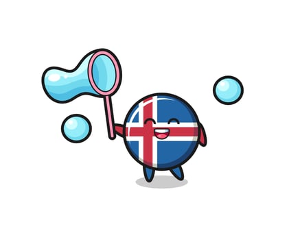 happy iceland flag cartoon playing soap bubble vector