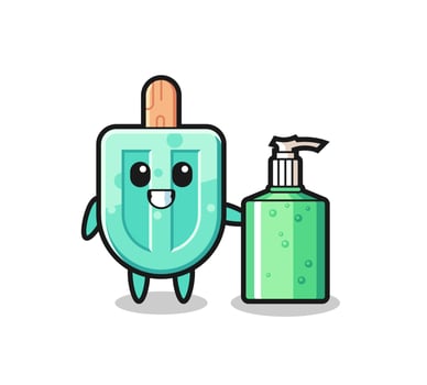 cute popsicles cartoon with hand sanitizer vector
