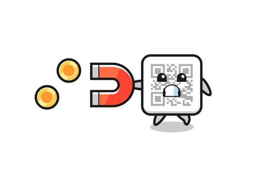 the character of qr code hold a magnet to catch the gold coins vector