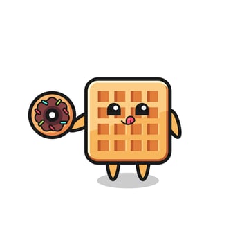 illustration of an waffle character eating a doughnut vector