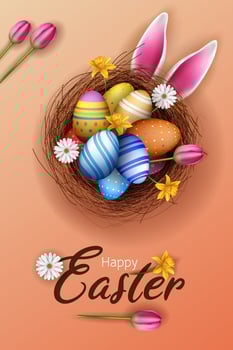 happy easter social media post template with nest, eggs and flowers illustration vector