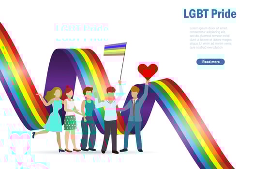 Diverse people parade with LGBT rainbow flag. vector