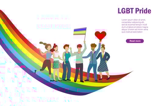 Diverse people parade with LGBT rainbow flag. vector