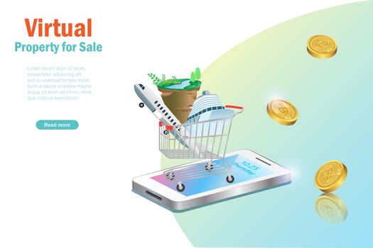 Metaverse virtual land, real estate and property for sale. Shopping cart full of virtual luxury airplane, cruise ship and buildings on smart phone. Virtual investment technology. vector