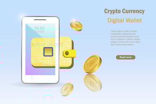 Digital E wallet, 3D bitcoin crypto currency with microchips on smartphone. Crypto digital money in electronic wallet account. Bitcoin investment, defi decentralized finance concept. vector