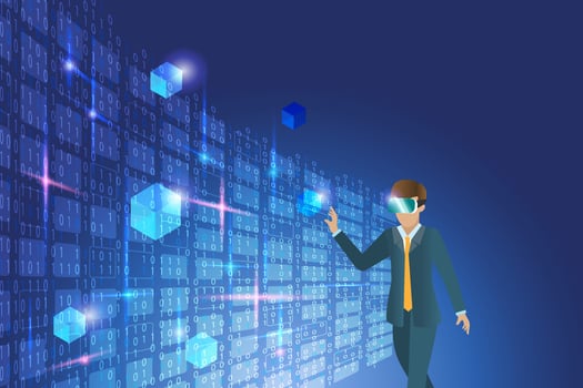 Metaverse in business workplace virtual reality environment. Businessman wear VR goggle glass experience 3D block chain metaverse in futuristic simulation background. vector