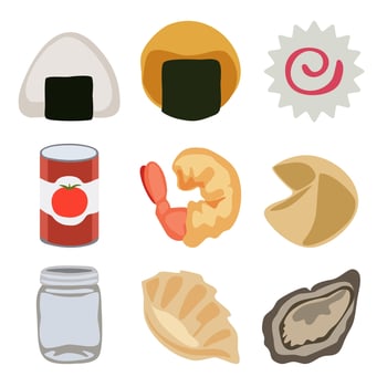vector rice balls canned food fried shrimp glass jars dumplings oysters