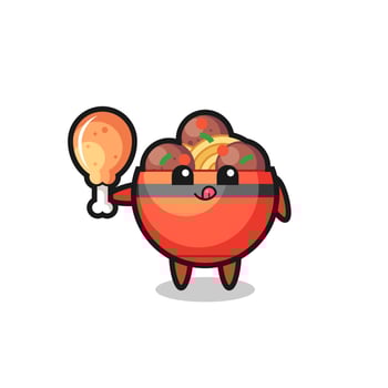 meatball bowl cute mascot is eating a fried chicken vector