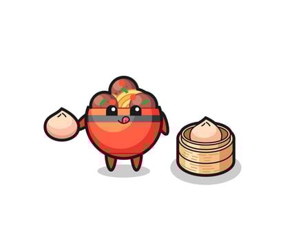cute meatball bowl character eating steamed buns vector