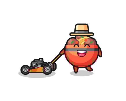 illustration of the meatball bowl character using lawn mower vector