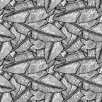 Banana leaves seamless pattern.Retro tropical branch in engraving style. vector