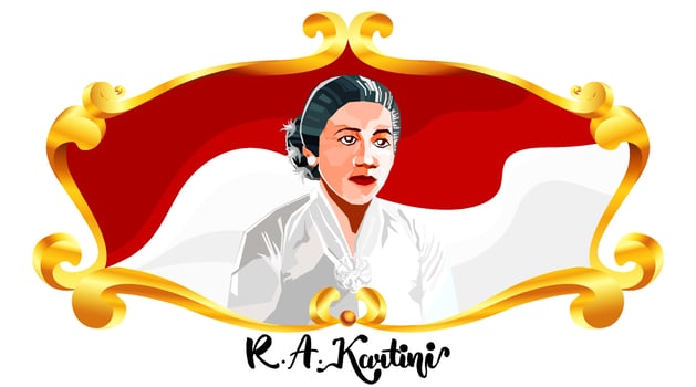 Raden Adjeng Kartini the heroes of women and human right in Indonesia with traditional wood carving ornament. - Vector