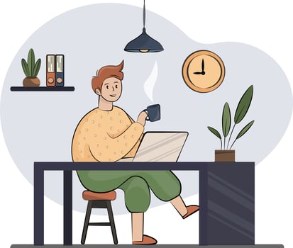 young man guy stay at home laptop notebook work freelance, quarantine, pandemic, home office  on white background stock vector illustration