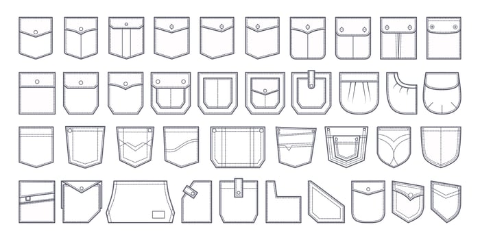 Pocket patch set. Pockets for fashion design shirt, dress, denim, round, oval, rectangular shapes. Vector graphics in sketch outline. Icon.