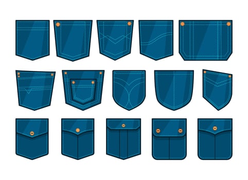 Patch pocket. Set of blue denim vector icons. Uniform casual style jeans pockets patches. Jean shirt clothes isolated icon.