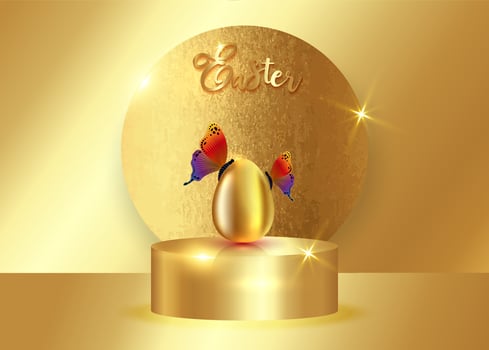 Easter gold podium and realistic golden egg with luxury colorful butterflies, Easter day platform for product display. stand to show cosmetic products. Stage podium, pedestal display luxury background vector