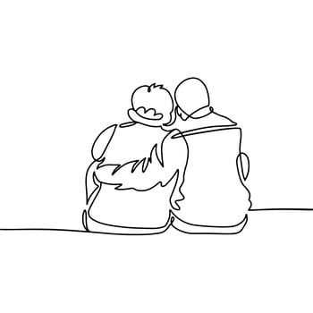Elderly couple in continuous line art drawing style. Back view of senior people sitting together and hugging. Happy old age concept. Minimalist black linear sketch. Vector hand drawn illustration.