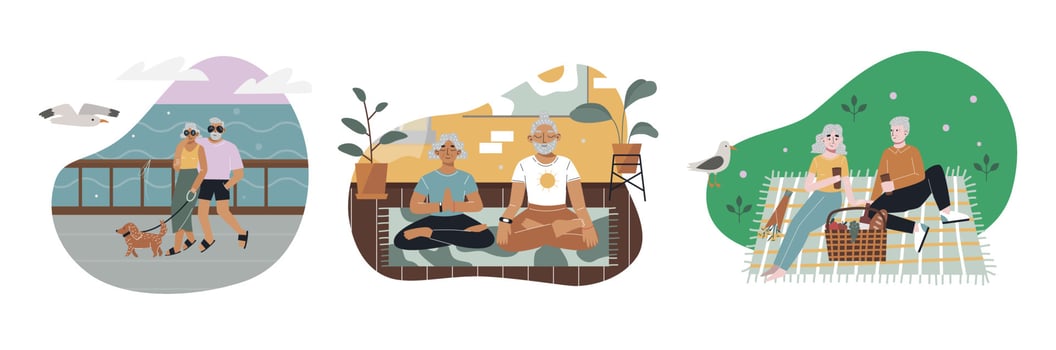 Set of senior people activity. Elderly couples walking with dog, doing yoga at home, having a picnic. Flat vector illustration.