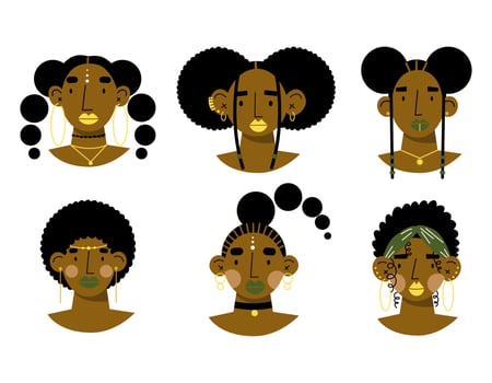 African women portaits set. African women avatars.  Beautiful women faces. Flat vector illustration.