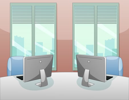 Office room with computers on the desk vector