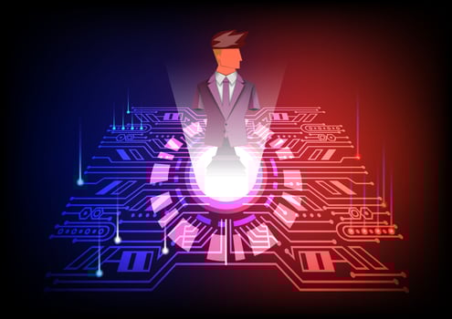 leadership concept, purple-chess-businessman, blue and red light hitech background, vector illustrator