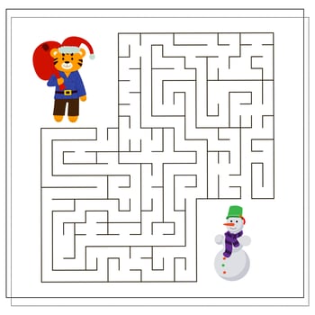 A logical game for children. Complete the maze. A tiger in the new year, a tiger at Christmas vector