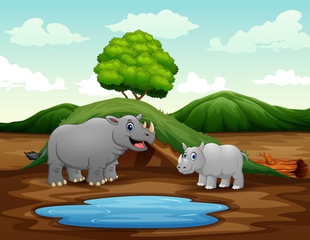 Cartoon a mother rhino with her cub at nature vector