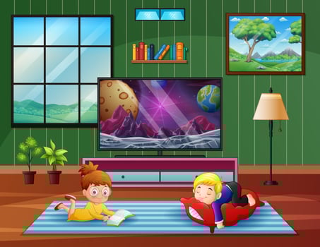 Two happy children relaxing in front of the tv vector