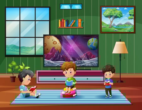 Cartoon the children reading book at home vector