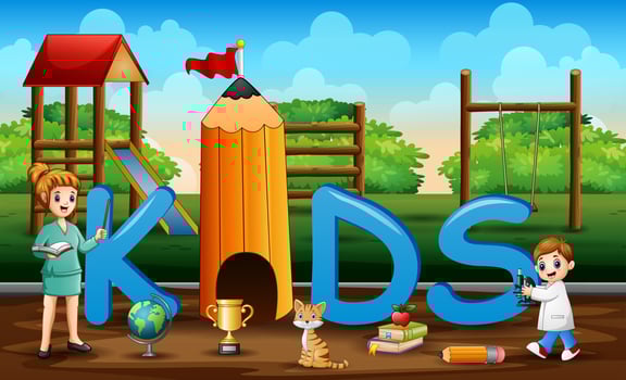 Playground scene with a woman teacher and boy student illustration vector