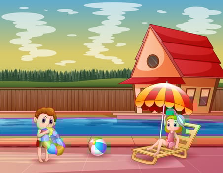 Happy boy and girl playing on pool in a resort vector