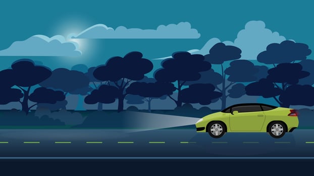 Traveling of sport car yellow color driving on the asphalt road on night time. Turn on the headlights and the light hits the ground. Backgroun of trees forest under night sky with moon and clouds. vector