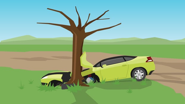 Sport yellow car driving on soil road with green meadow. Had an accident, fell on the side of the road, crashed into a tree in front of the car. vector