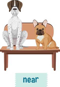 Prepostion wordcard design with dogs on chair vector