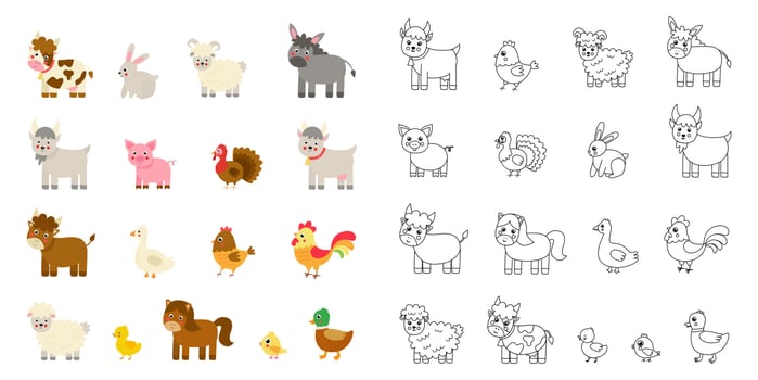 Set of cute vector farm animals. Black and white version.