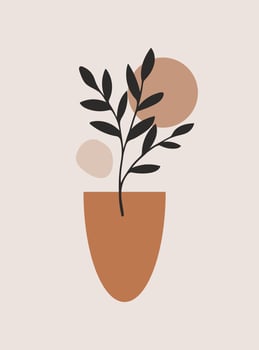 Modern abstract aesthetic background with geometric balance shapes and branch. Wall decor in boho style. Mid century vector print for cover, wallpaper, card, social media, interior decor