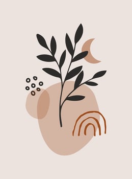 Modern abstract aesthetic background with geometric organic shapes and branch. Wall decor in boho style. Mid century vector print for cover, wallpaper, card, social media, interior decor